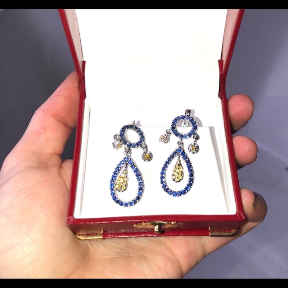 14K Blue & Yellow Sapphire Dangle Earrings - Picture 1 of 5